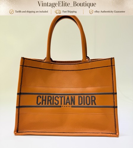 Christian Dior Book Tote Medium Camel Leather Gold HW Tote Preowned Authentic