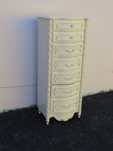 French Shabby Chic Painted Carved Tall Narrow Lingerie Jewelry Chest 6406