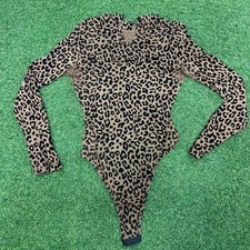 Boohoo Womens Leopard Print Mesh Long Sleeve Mock Neck Bodysuit Tan Black Small