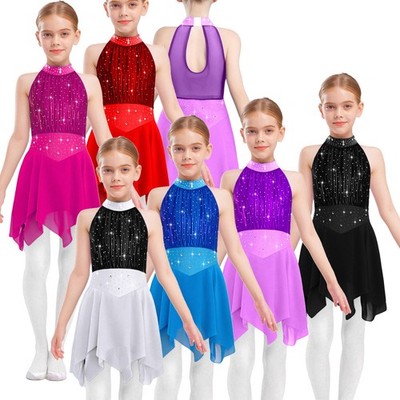 Mädchen Skating Performance Kleid Schlüsselloch Eiskunstlauf Glänzender Strass 