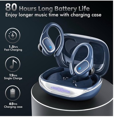 80 Hrs Playback Batt True Wireless Earbuds for Sport, Charging Case Waterproof