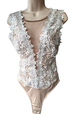 White a. peach Sexy Floral Lace Bodysuit Sz Small Skin Color Sleeveless Lingerie