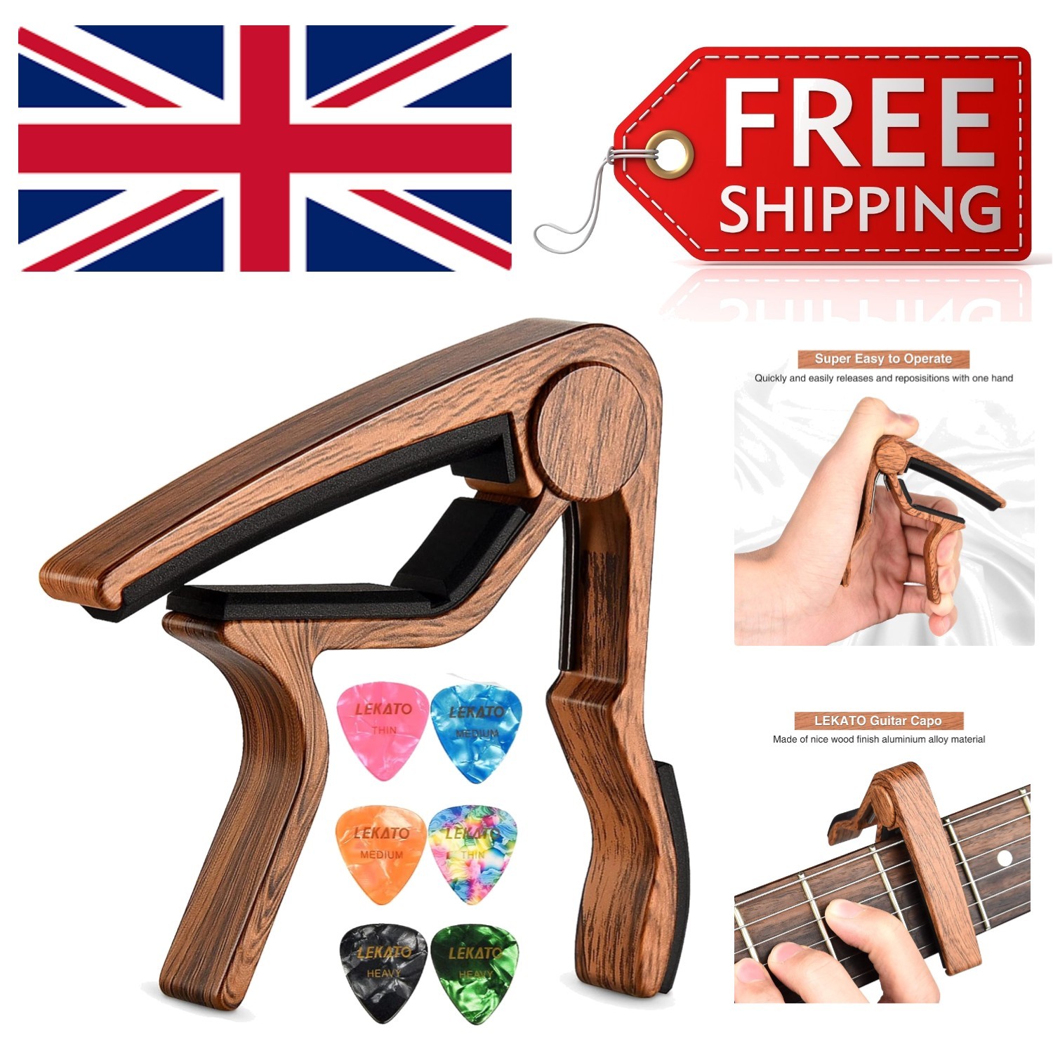 Classic Wood Finish Guitar Capo: Quick-Change Capo with Picks and Strap Locks