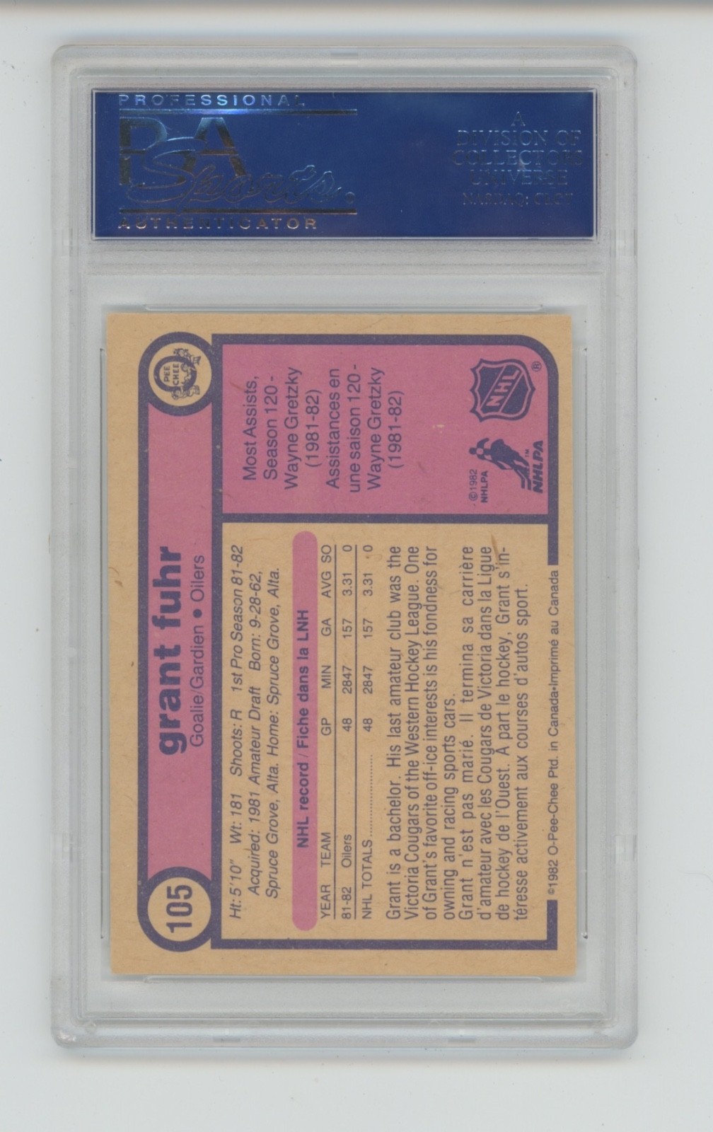 GRANT FUHR AUTO 1982-82 TOPPS O-PEE-CHEE #105 AUTOGRAPH PSA DNA AUTHENTIC view 2