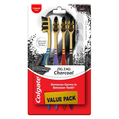 Colgate Zig Zag Charcoal Toothbrush with Cover Soft Bristle Value Pack 4 Count