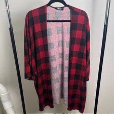 Audrey 3+1 Red and Black Buffalo Plaid Cardigan Shawl Open Front Size Small