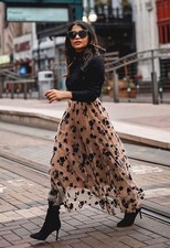 Tulle Skirt Double-Layered Mesh Midi Caramel  Black Color Size Medium