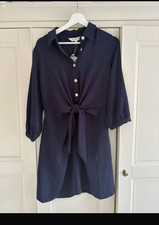 Apricot Navy Collared Button Front Tie Waist Shirt Dress 3/4