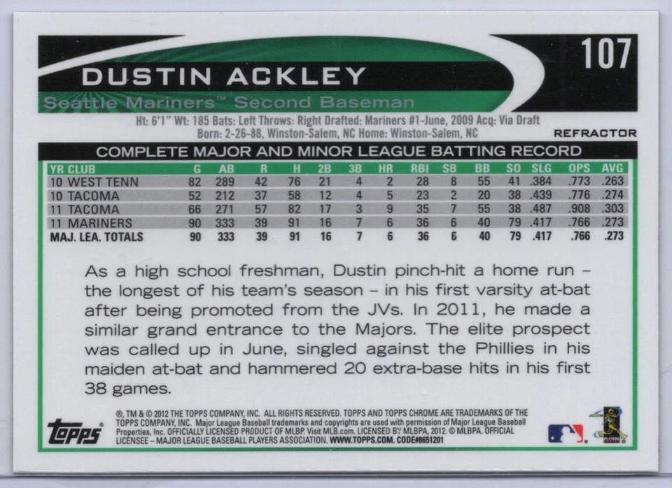 2012 Topps Chrome Purple Refractor #107 Dustin Ackley - Image 2 of 2
