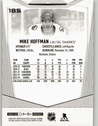 2024-25 O-Pee-Chee Mike Hoffman #185 San Jose Sharks - Bild 2 von 2