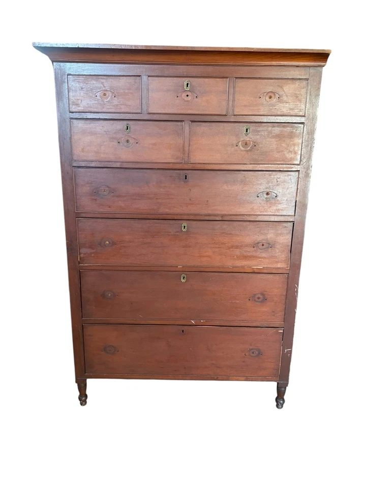 Antique PA SHERATON  cherry tall chest dresser 1810 old surface project 9 drawer - Image 2 of 4