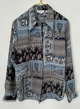 Vintage Tess Blue Black Heart Paisley Pattern Button Front Blouse Women’s Large