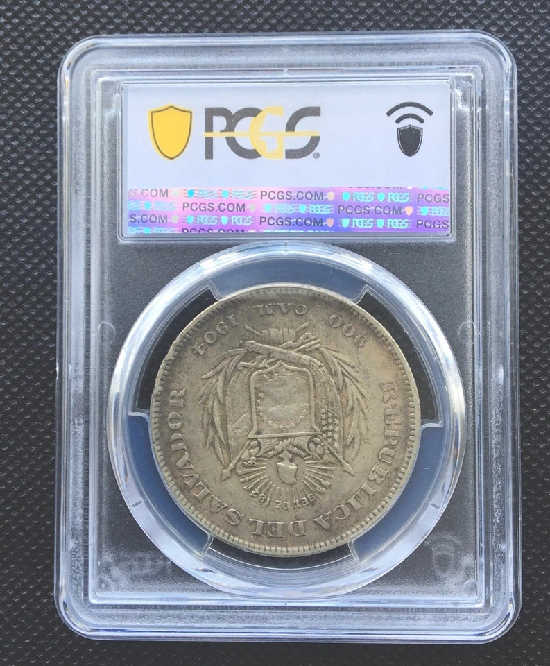 Busto CAM 1904 1 Peso El Salvador Plata PCGS AU 50 S  Foto 2 de 3