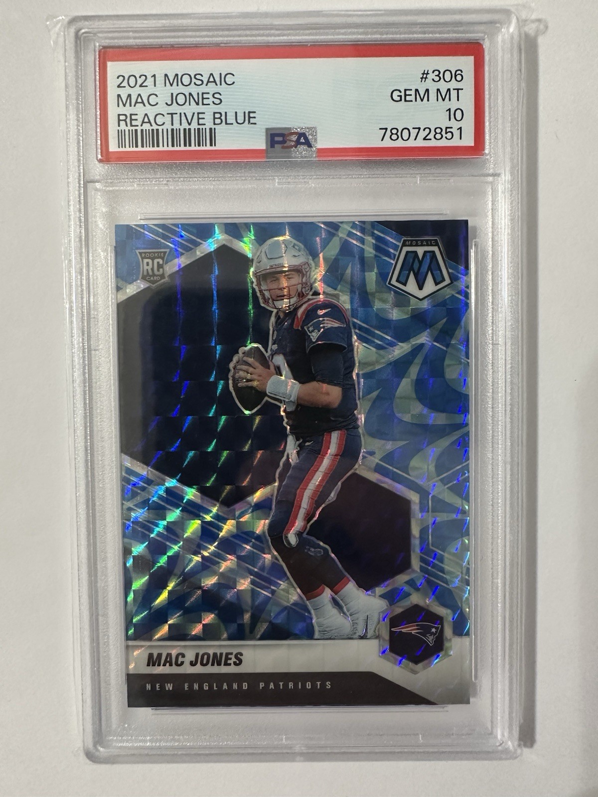 #4 2021 Mosaic Mac Jones #306 Blue Reactive PSA 10 GEM MT New England Patriots