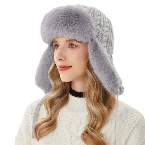 Damen Strick Trapper Mütze Flieger Kunstfell Ohrenklappe Winter warm russische Skimütze einfarbig - Bild 2 von 29
