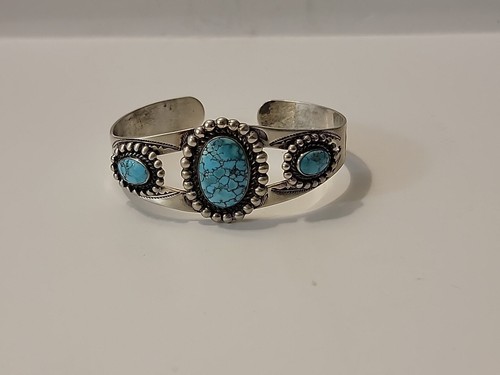 Brazalete con caña de piedras turquesa de plata esterlina 925 con poste comercial Bell - Imagen 5 de 7