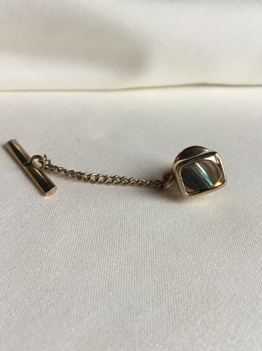 Vintage Swank Tiger Abalone Oval Inlay Tie Pin Tie Tack Gold Tone - 第 1/5 張圖片