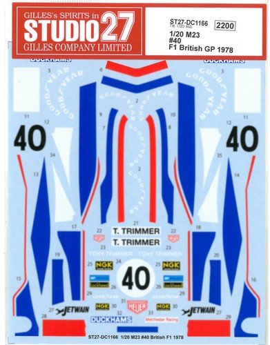 STUDIO27 1/20 M23 #40 F1 British GP 1978 for TAMIYA DC1166 Decal - Picture 2 of 3
