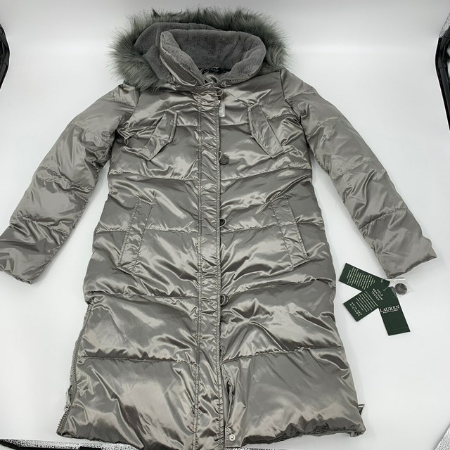 New Ralph Lauren womens long puffer jacket hooded faux Sz S silver x 352 X414 | eBay