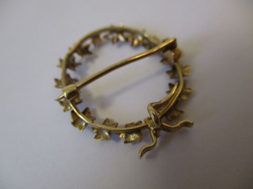 Antique Vintage 14K Gold Brooch Pin Handmade Ivy Leaf Wreath Mounted Diamond - Picture 6 of 9