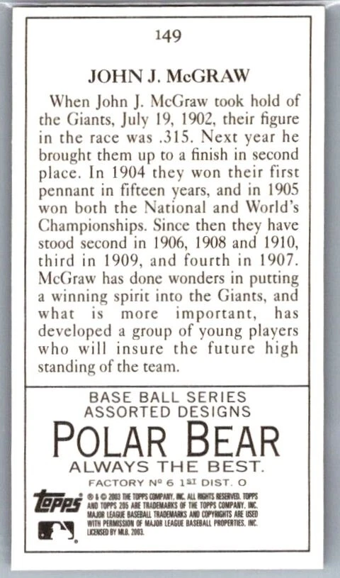 MINI tarjeta de béisbol John Mcgraw 2003 Topps 205 Polar Bear #149 New York Giants Foto 2 de 2