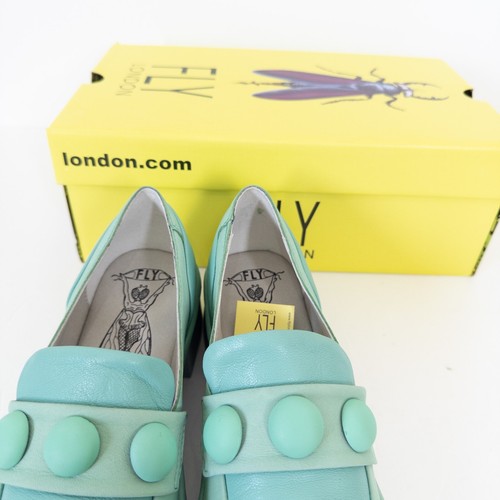 Zapatos Mocasines FLY London Sin Cordones Reino Unido 5 NUEVOS Cuero Verde Menta Tacón Bloque - Imagen 12 de 19