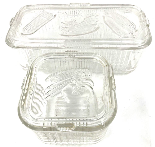 Vintage Federal Glass Clear Refrigerator Fridgie Dish Lid Vegetables 4" & 8.5"