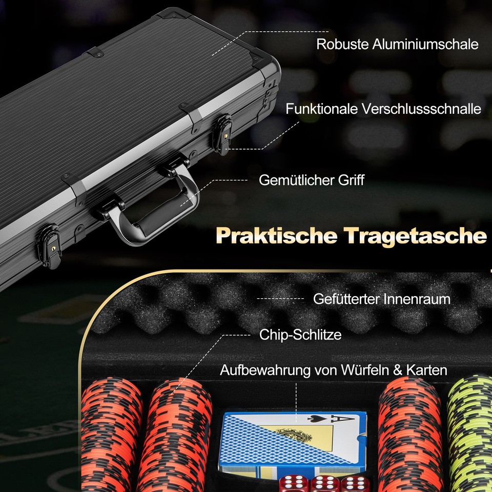 SPORTNOW Poker-Set, Pokerkoffer, 400 Chips, 2 Kartendecks, 5 Würfel