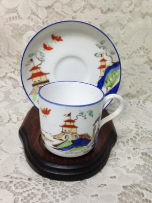 Antique Royal Worcester England,Variant Gaudy Blue Willow Demitasse Cup n Saucer