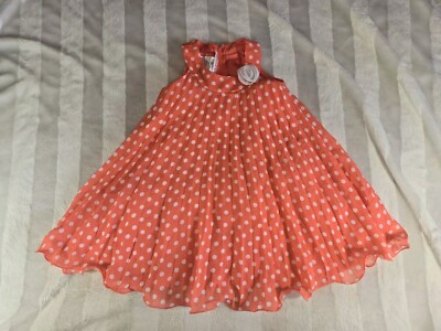 Jessica Ann Girl Peach Coral White Polka Dot Trapeze Pleated Sleeveless Dress 2T