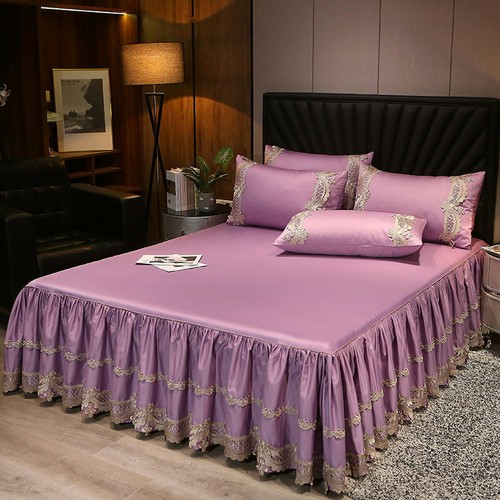 Luxury Satin Cotton Lace Bedspread Ruffles Bed Skirt Queen Full King Bed Sheets - Picture 20 of 44
