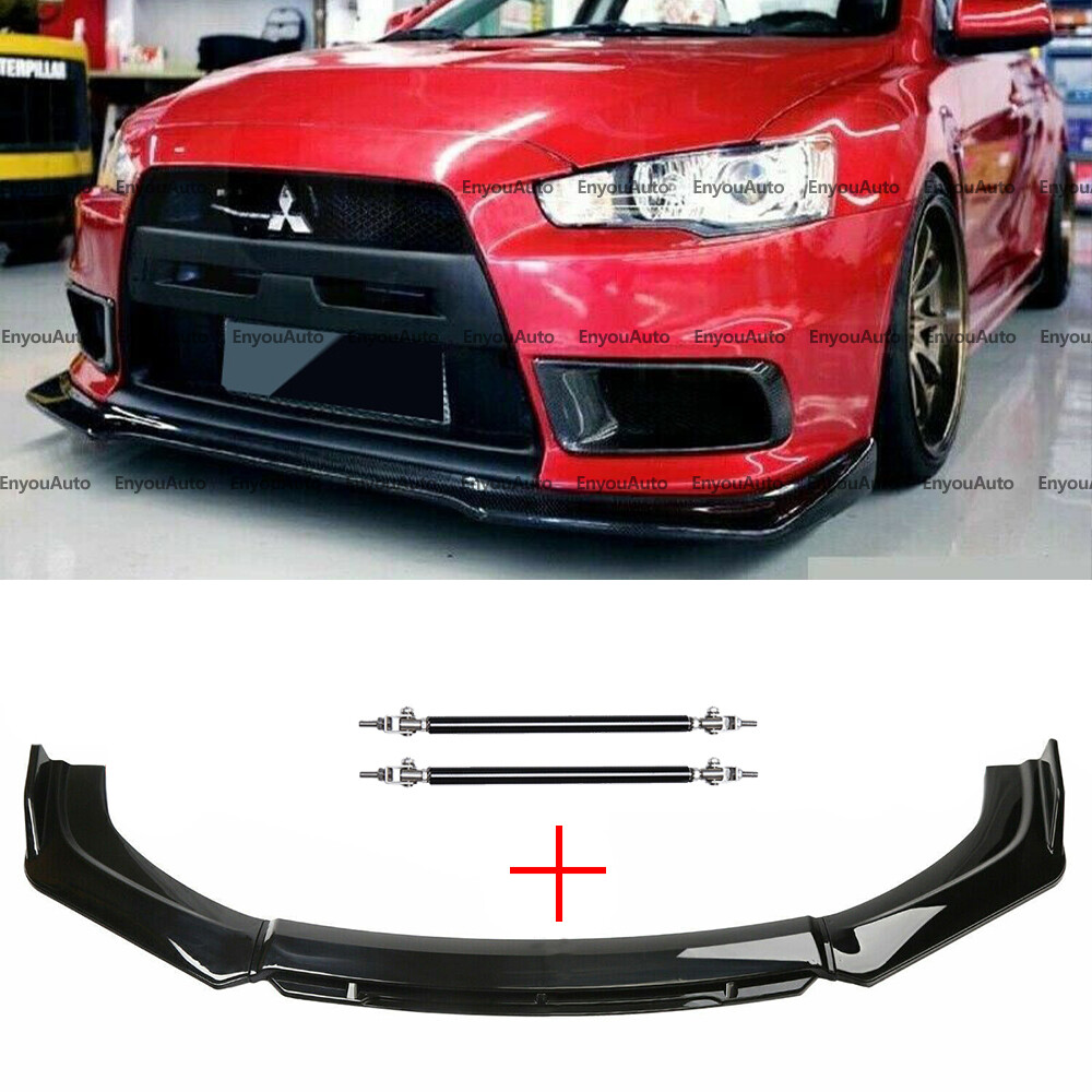 For Mitsubishi LANCER Front Bumper Lip Spoiler Splitter + Strut Rod Glossy Black