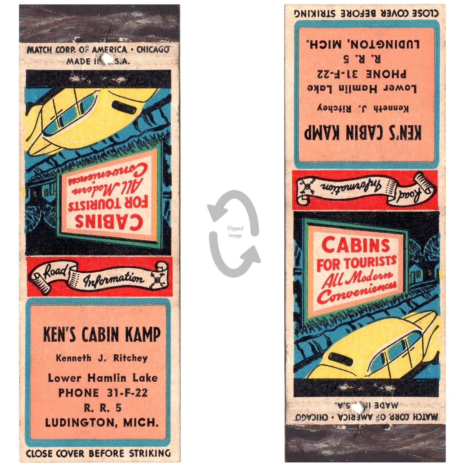 Vintage Matchbook Cover Kens Cabin Camp Hamlin Lake Ludington Michigan