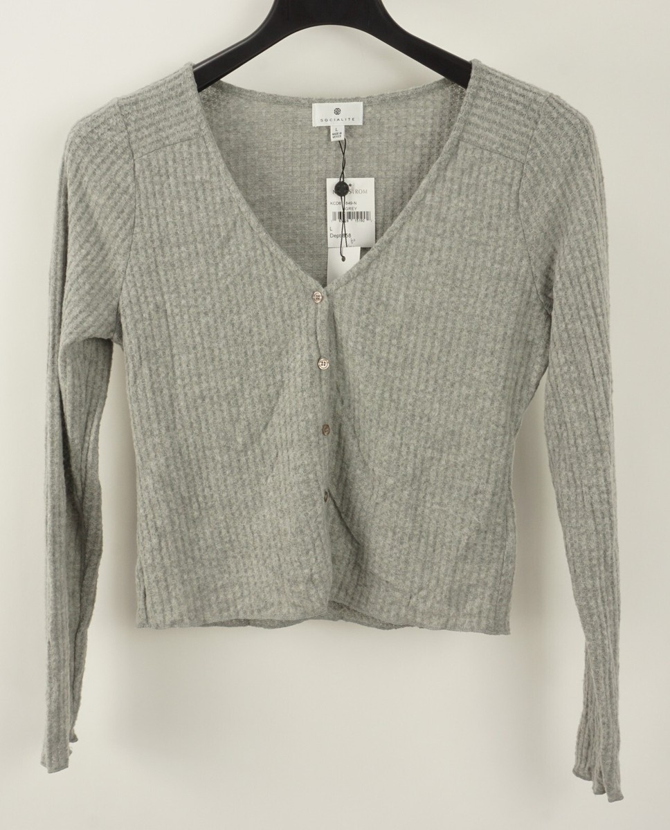 New Socialite Skivvy Womens Sz XL Gray Waffle Knit V-Neck Crop