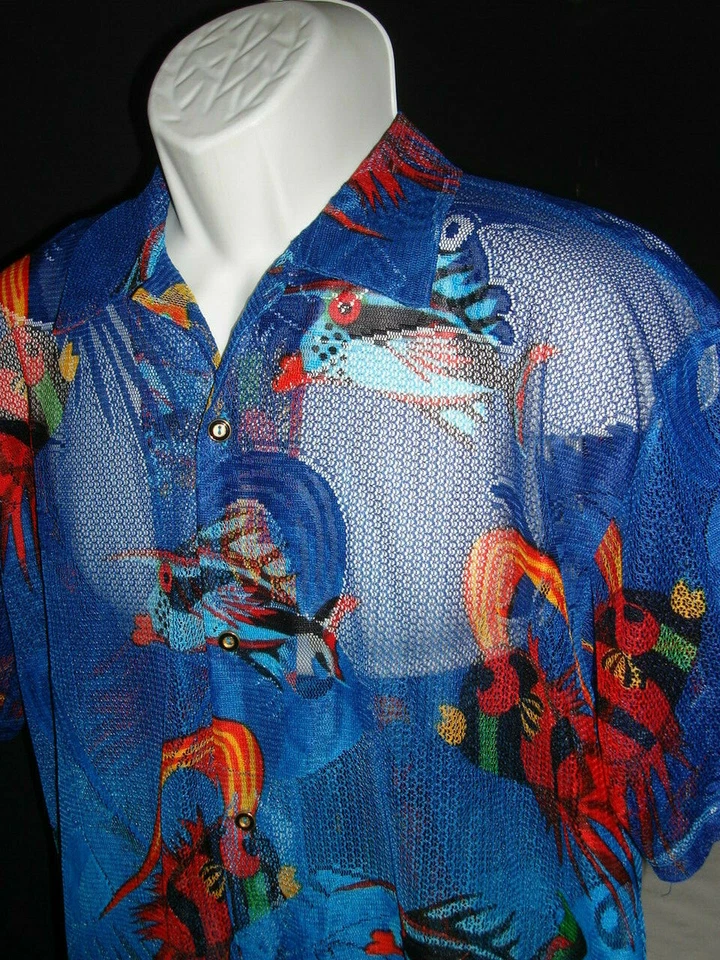 Zam Collection Blue w/ Ocean Fish Print Poly Sheer S/S Hawaiian Camp Shirt Sz M - Image 2 of 4