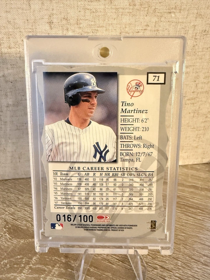 TINO MARTINEZ 1998 Donruss Elite No71 Золотой Статус Высеченная Параллель /100 - Изображение 3 из 4