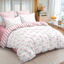 Bow Twin Size Duvet Cover Pink White Heart Bedding Set Girls Bow Comforter Co...