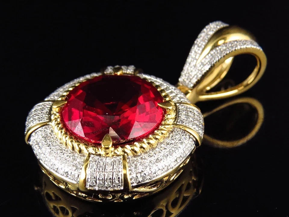 4Ct Round Cut Lab Created Ruby Men's Halo Pendant 14k Yellow Gold Finish - Image 2 of 4