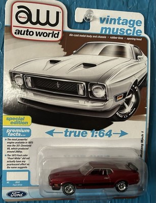 AUTO WORLD MUSTANG MACH 1, 1:64 DIECAST CAR, FORD 1973, RED, SPECIAL EDITION