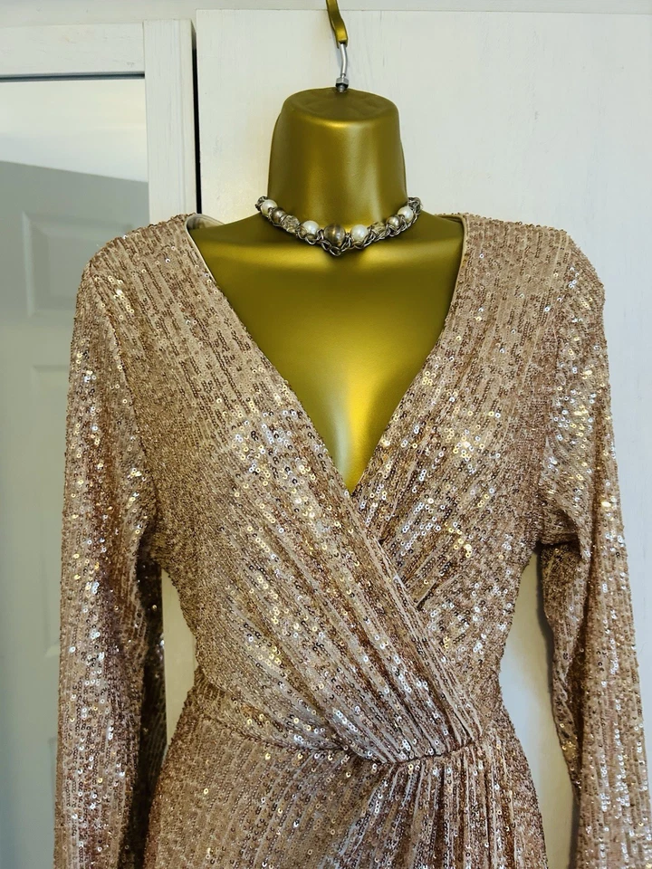 Quiz Gold Sequin Faux Wrap Stretch Long Evening Dress Size 18 Ball Cruise - image 4 of 4