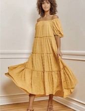 Lulus Tiers My Dear Yellow Puff Sleeve Tiered Maxi Dress Size S MSRP $78 NWT