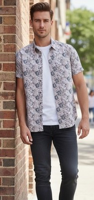 7 Diamonds 4-Way Stretch Shirt Mens S Short Sleeve Gray Floral Morning Rise