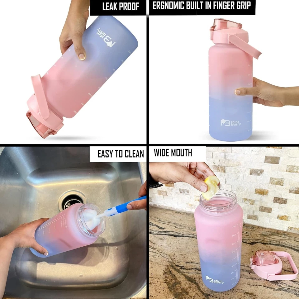 Half Gallon 64Oz Sport Motivational Water Bottle BPA Free with Straw Time Marker - Image 2 of 4