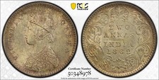 British India, 1862 Victoria 2 Annas, PCGS MS 65.