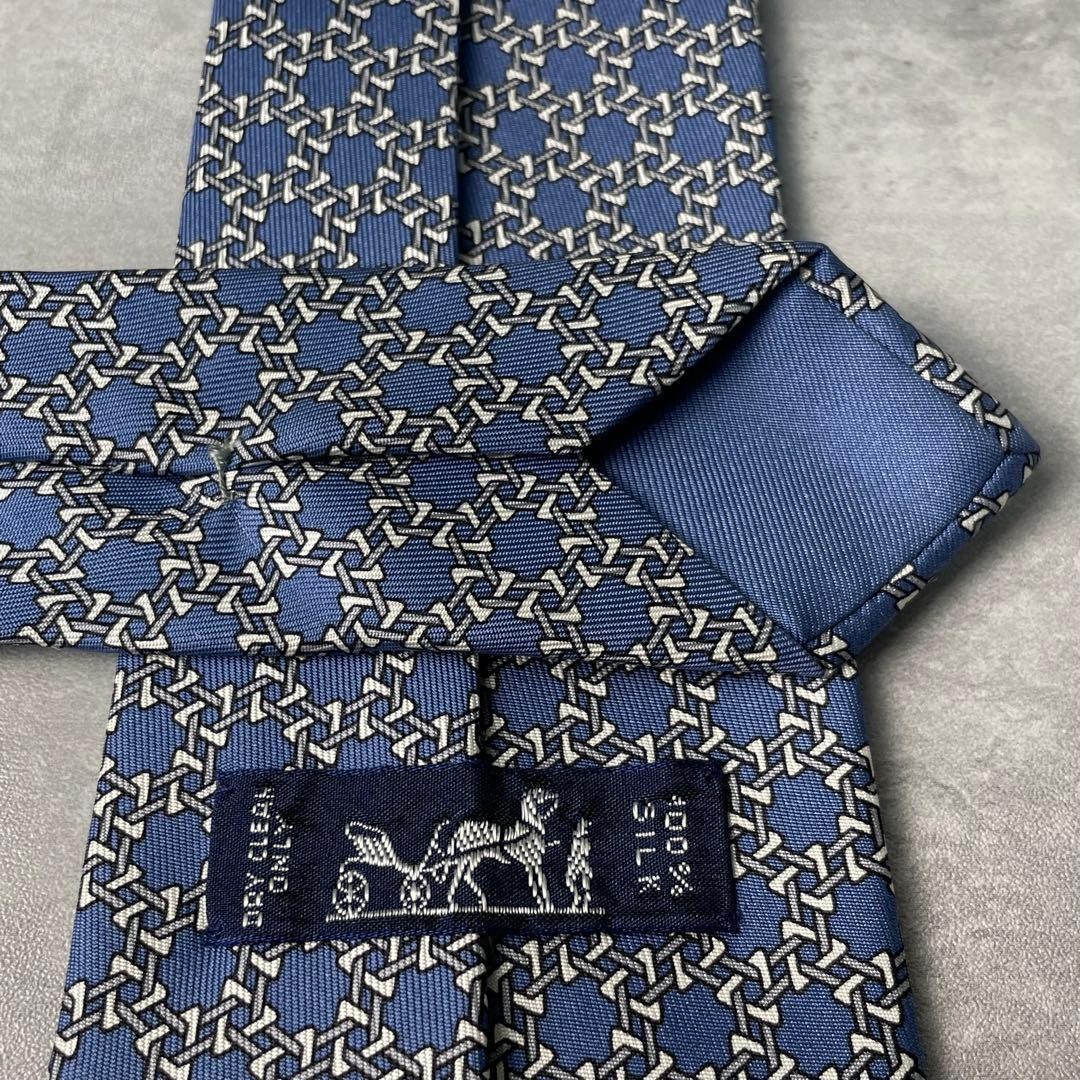 Hermes Hexagonal Dot Pattern Chain Tie Blue Silk … - image 9