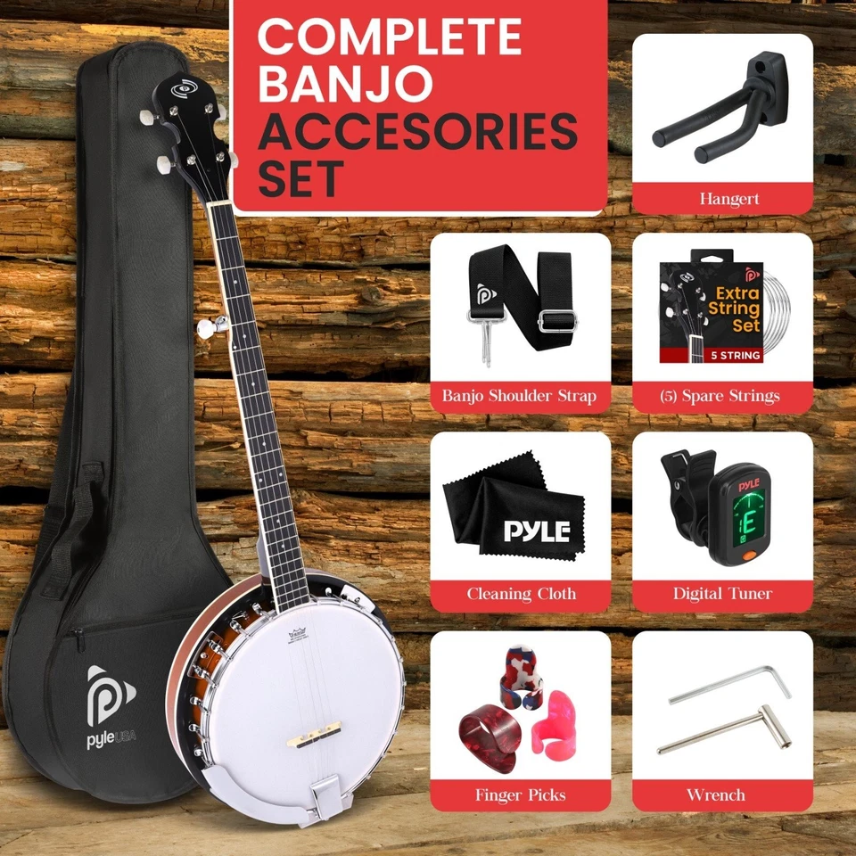 Pyle 5-String Banjo with White Pearl Color Plastic Tune Pegs & High-Density - Image 2 of 4