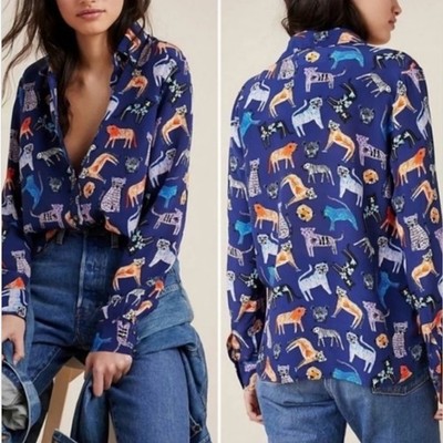 Anthropologie Carolyn Gavin Mariposa Size 6 Silk Blouse Cat Design Button Up Art