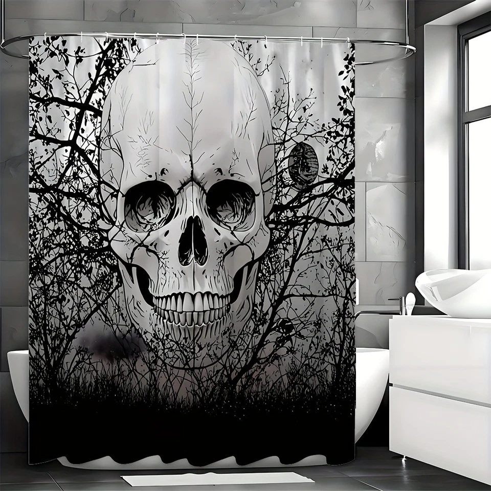 Calavera Cortina de Ducha Espeluznante Cortinas de Ducha Negro Árbol de Miedo Esqueleto Gótico Foto 3 de 4