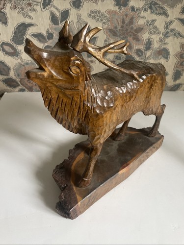 VINTAGE Russian HAND CARVED WOODEN STAG SCULPTURE on Tree Base By Jelen #290412
