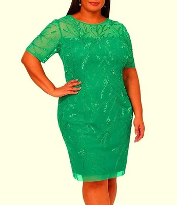 Adrianna Papell Exotic Jade Embellished Mesh Short Sleeve Dress Size 18W $219